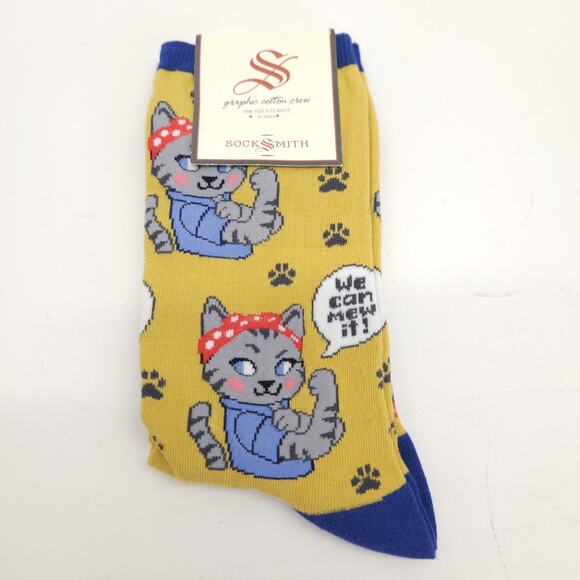 Socksmith Women's Crew Socks 9-11 Cat We Can Meow It Yellow Novelty Graphic Gift - Picture 1 of 7